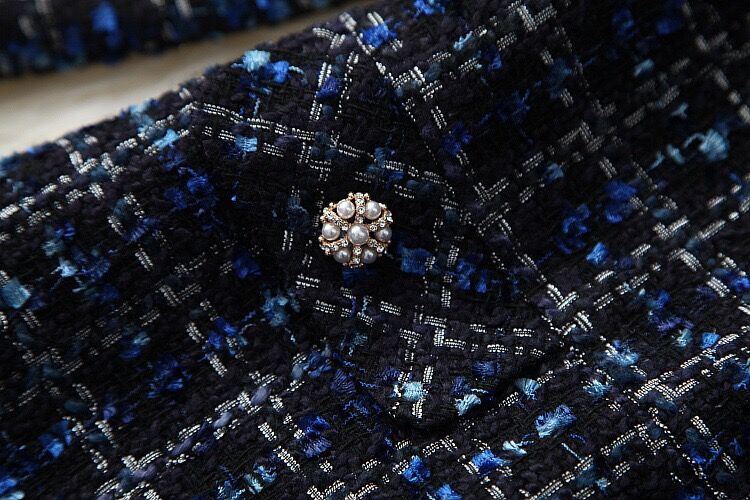 Navy Blue Plaid Bow Tie Tweed Dress
