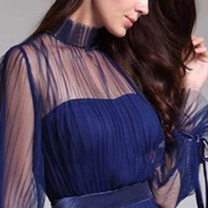 Elegant Women Solid Color Mesh A-line  O-neck Long Sleeve Slim Maxi Dress