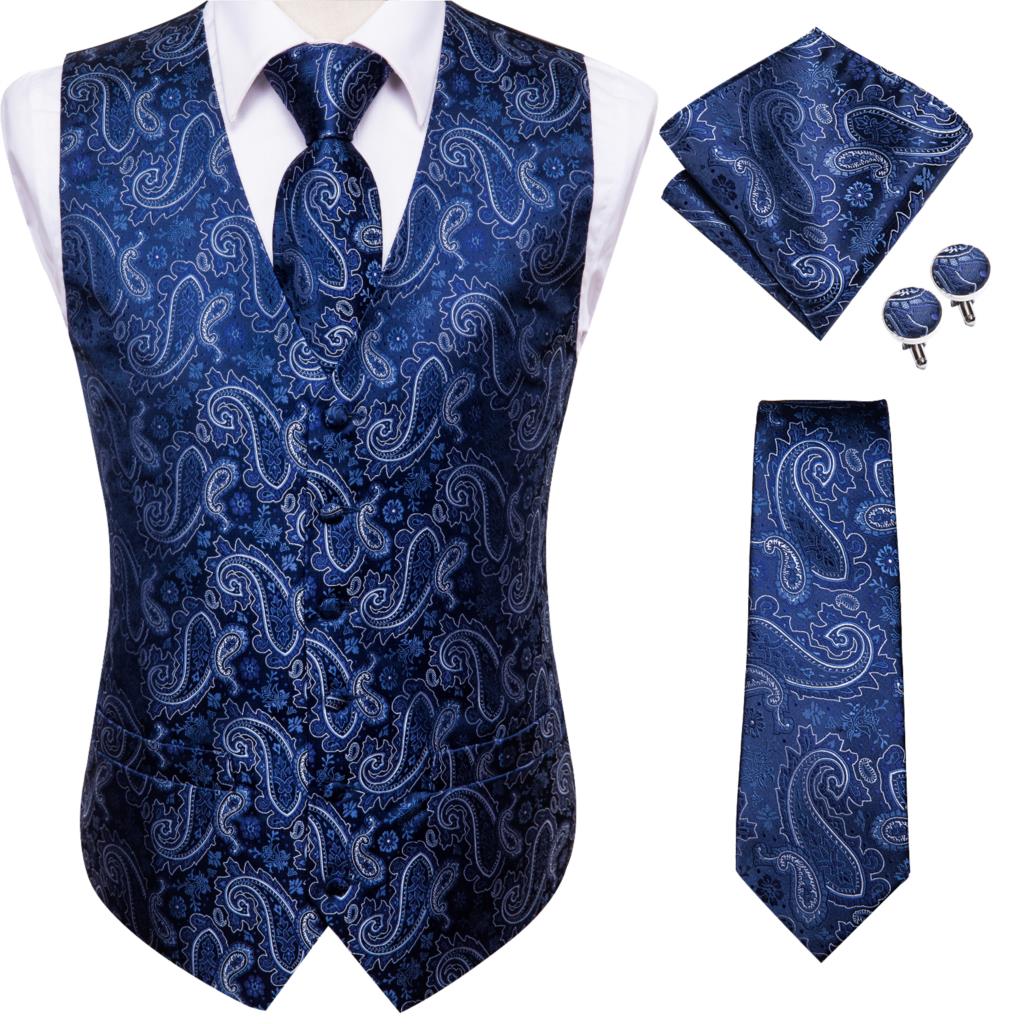 Silk Mens Slim Fit 4pcs Vest Necktie Pocket Square Cufflinks