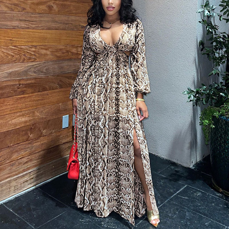 Long Sleeve V Neck Snakeskin Printed Maxi Dress