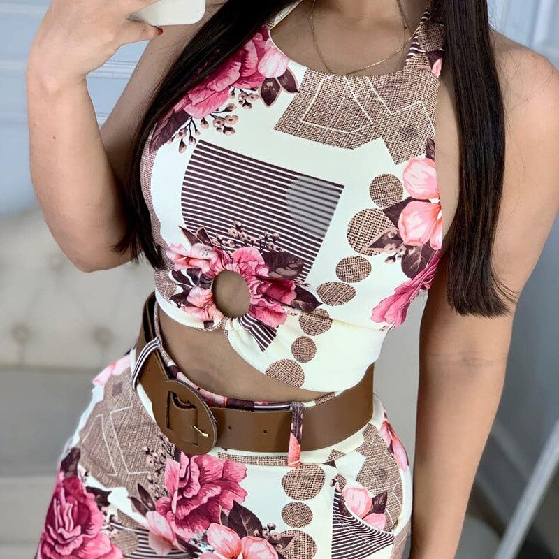 Halter Sleeveless Floral Print Crop Top & Shorts Set