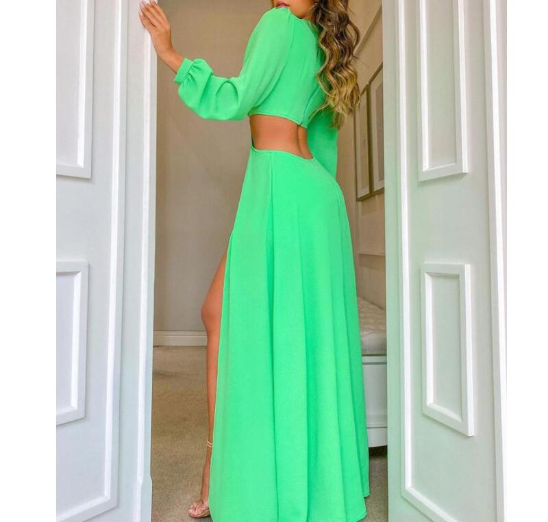 Summer Women's Solid Color Long Sleeve High Slit Cutout Maxi Dress