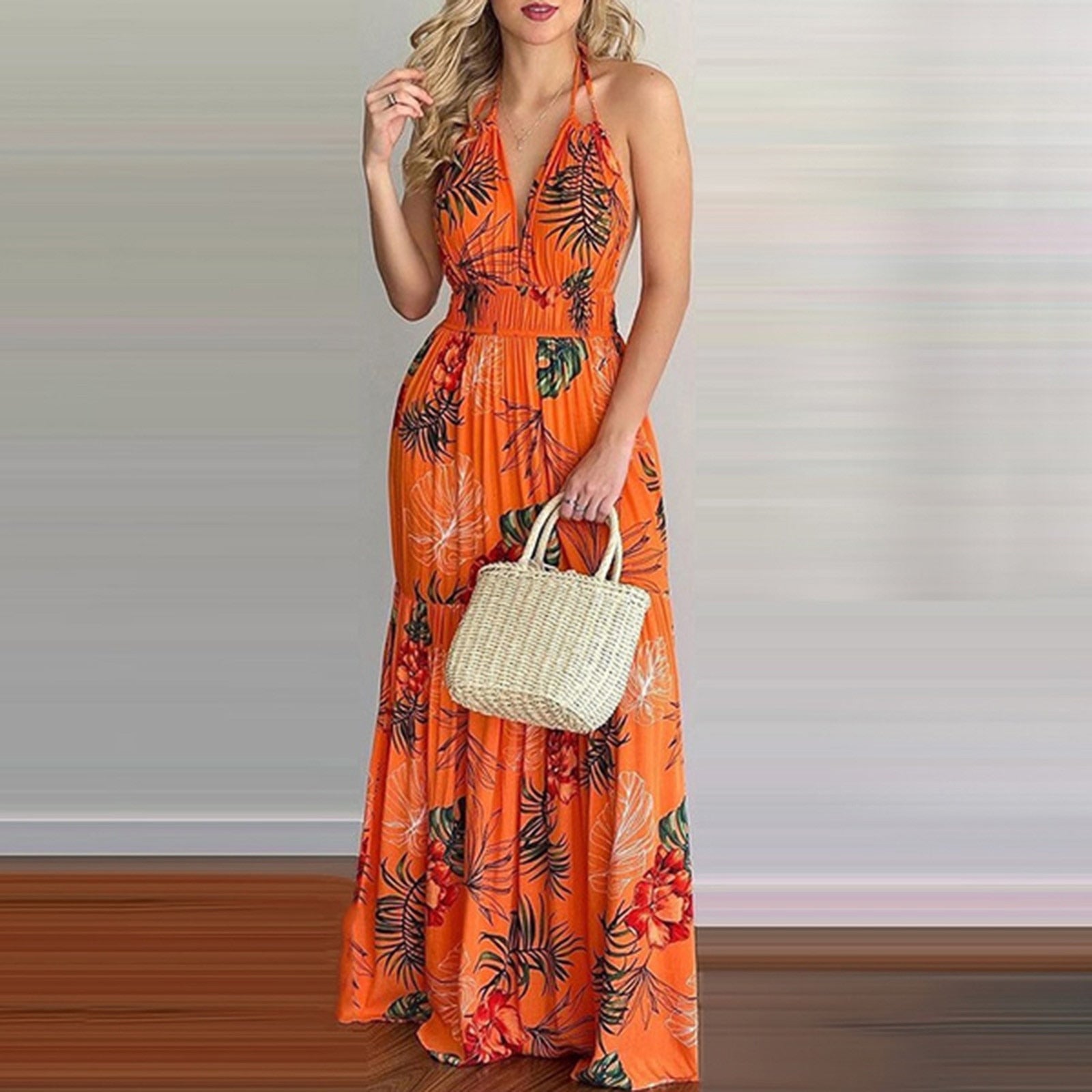 Summer Elegant Halter Sleeveless Vintage Floral Backless Pleated Maxi Dress