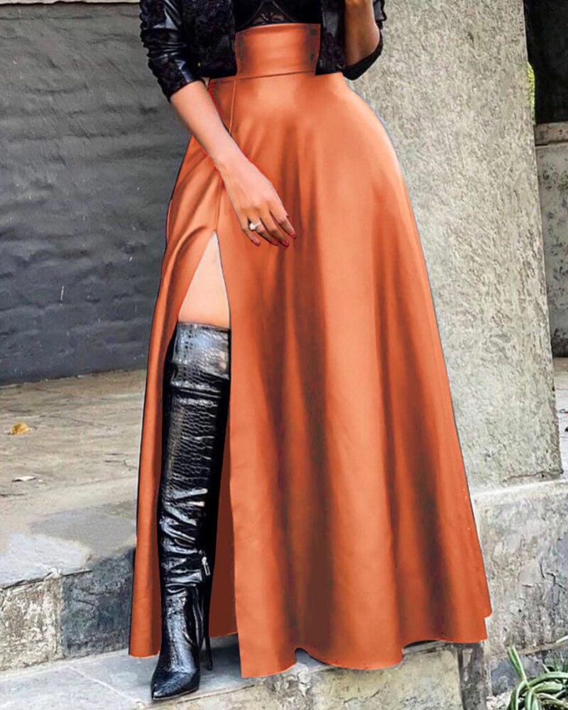 PU Leather High Slit Pocket Design Skirt
