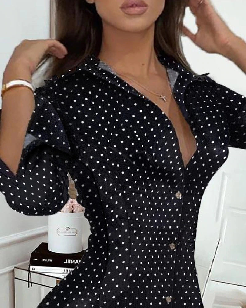 Turn Down Collar Polka Dot Print Pleated Skater Shirt Dress