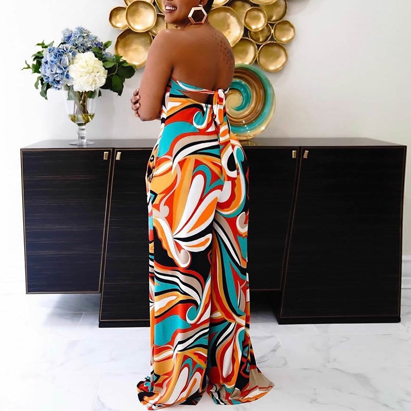Summer Abstract Printed Tube Wide Leg  Jumpsuit