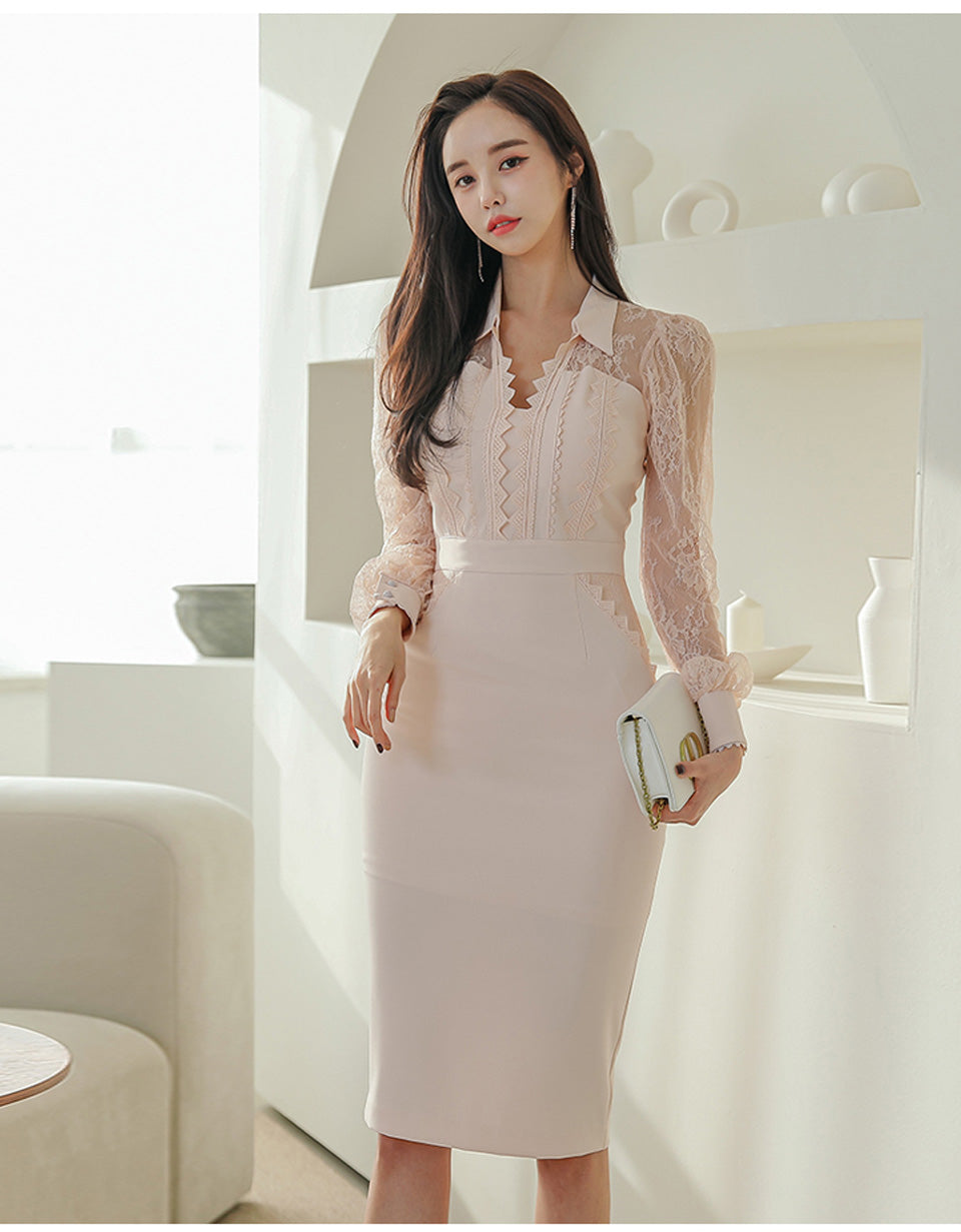 Spring Pink Shirt Collar See-Through Lace Puff Sleeves High Waist Pencil Dress