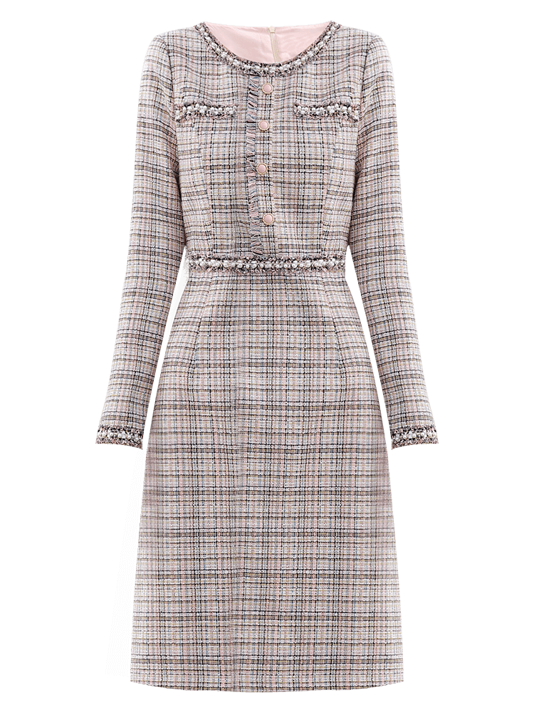 Winter Round Neck Beaded  Long-sleeved Vintage Wool Plaid Tweed Dress