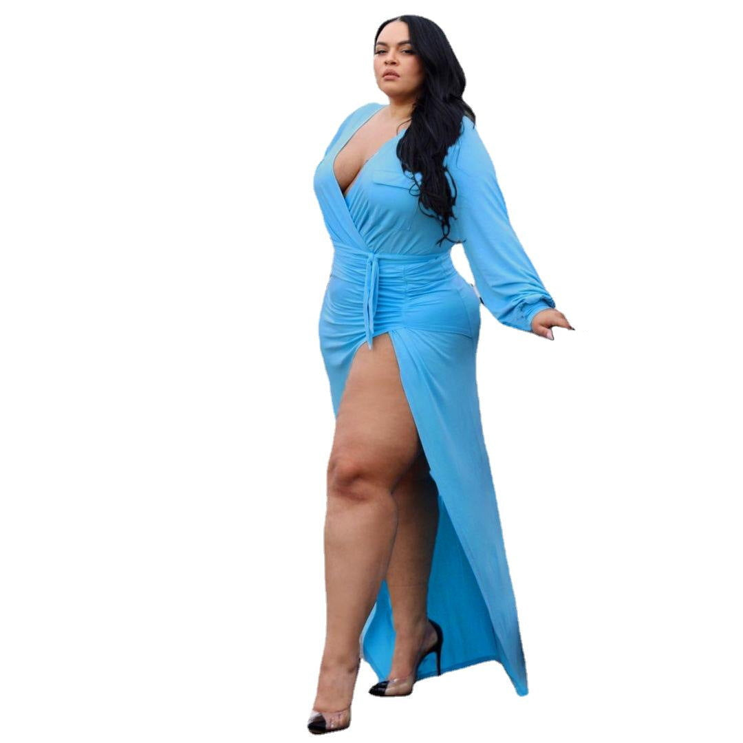 Plus Size Solid Bandage Slited Stretchy Cleavage Sexy Night Party Dress