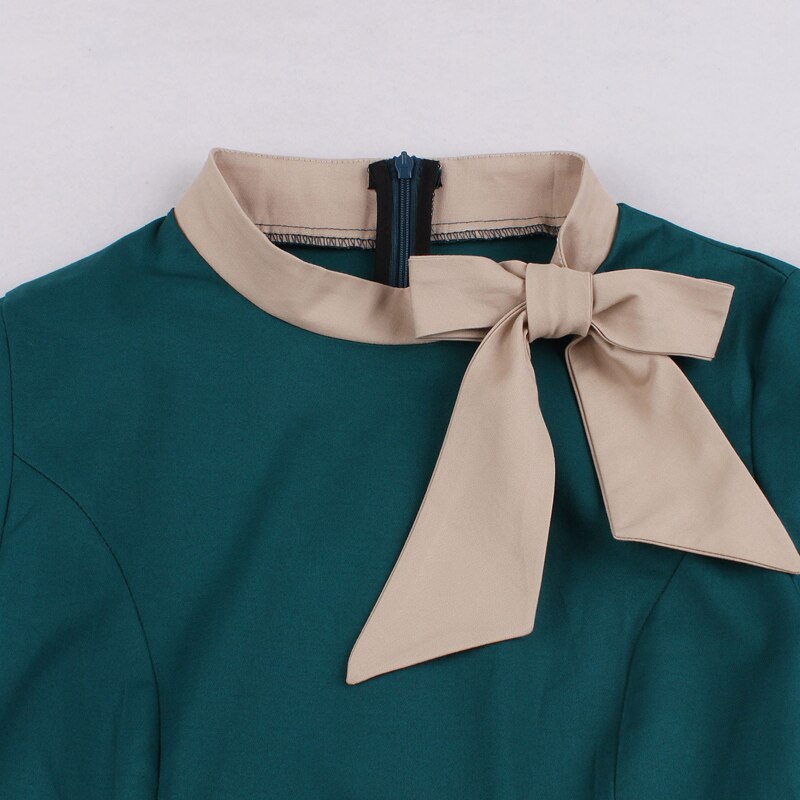Pleated Cotton Vintage High Waist Bow Tie Neck Pocket Swing Dresses