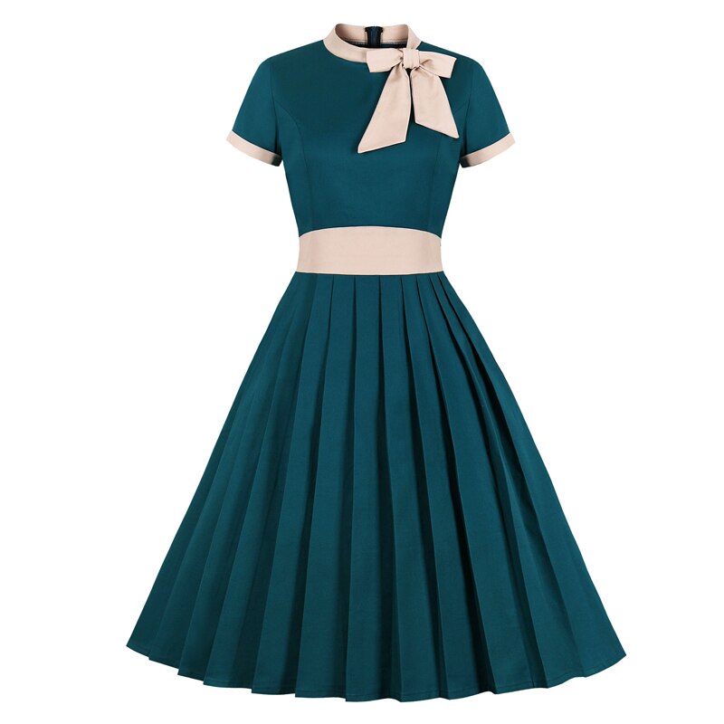 Pleated Cotton Vintage High Waist Bow Tie Neck Pocket Swing Dresses