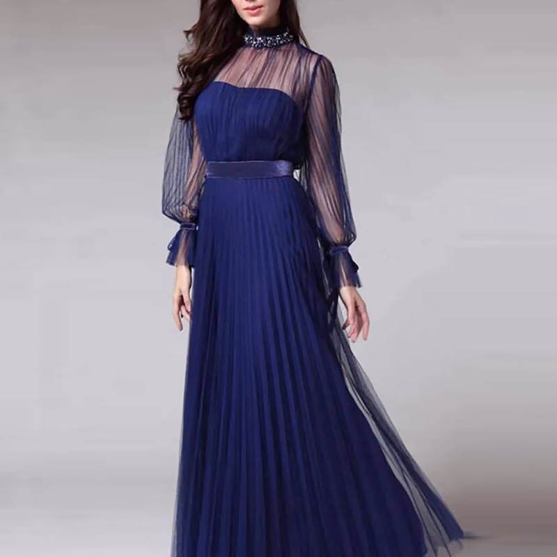 Elegant Women Solid Color Mesh A-line  O-neck Long Sleeve Slim Maxi Dress