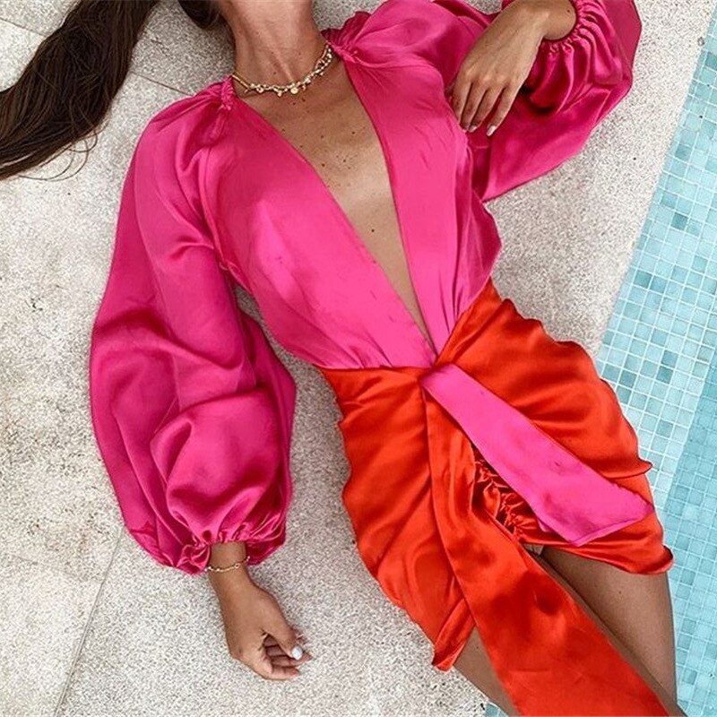 Sexy Deep V-neck Satin Two Piece Set