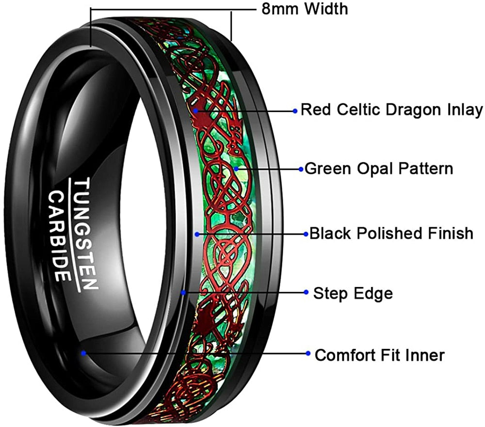 8Mm Mens Black Tungsten Carbide Red Celtic Dragon Pattern Green Carbon Fiber Rings