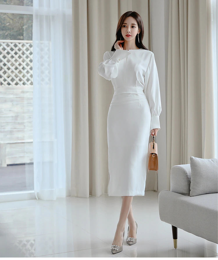 Autumn Solid White Slim Office Bodycon Pencil Dress