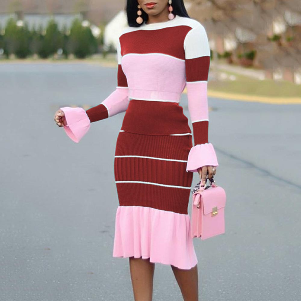 Autumn Patchwork Long Sleeve O Neck Sweater Midi Skirt And Top Set