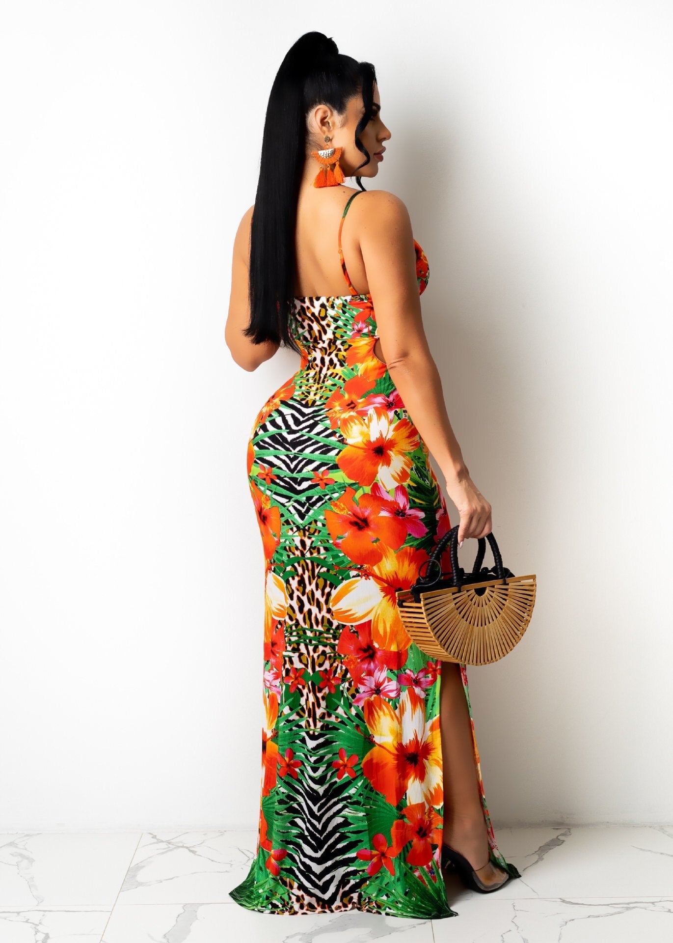 Print Sleeveless Strap V-neck Hole Hollow Out Stretchy Bodycon Maxi Dress