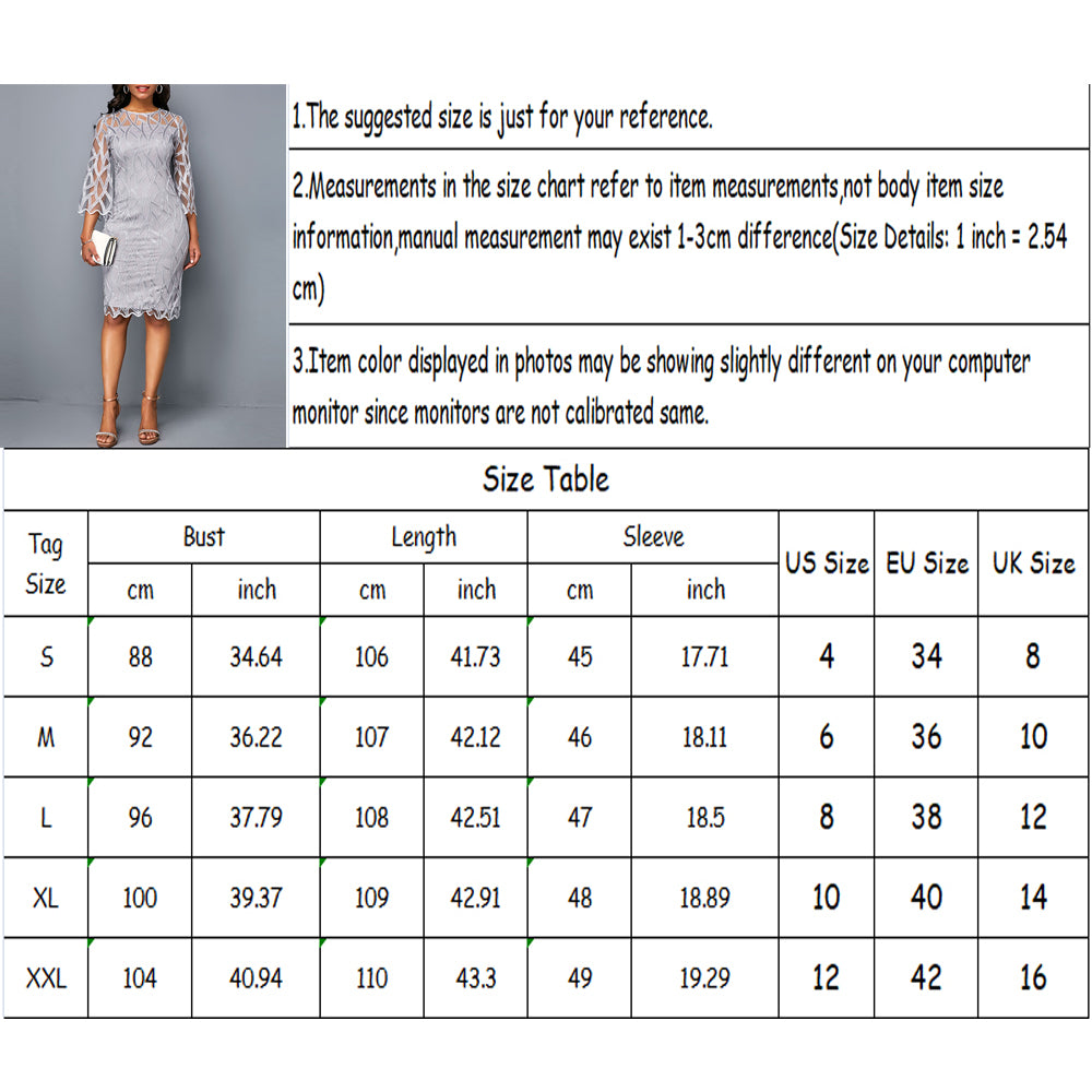 Round neck 3/4 sleeve Solid Wavy Hem Lace Patchwork Work Pencil Midi Dress