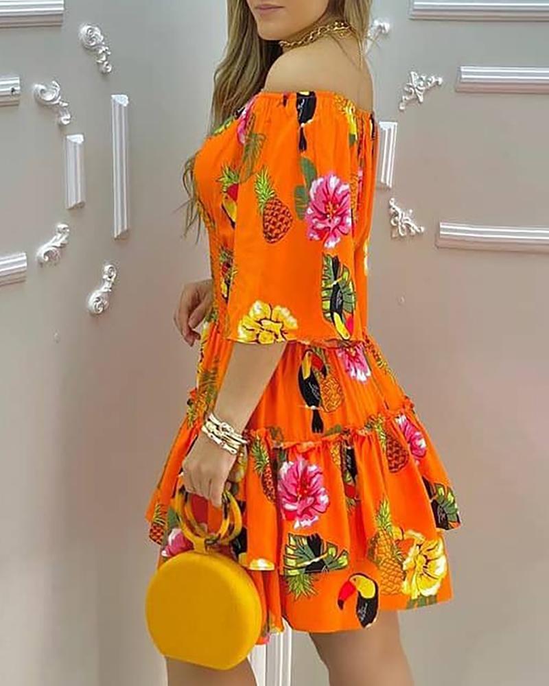 Elegant Fruit Print Off Shoulder Short Sleeve High Waist Pleated A-Line Dress
