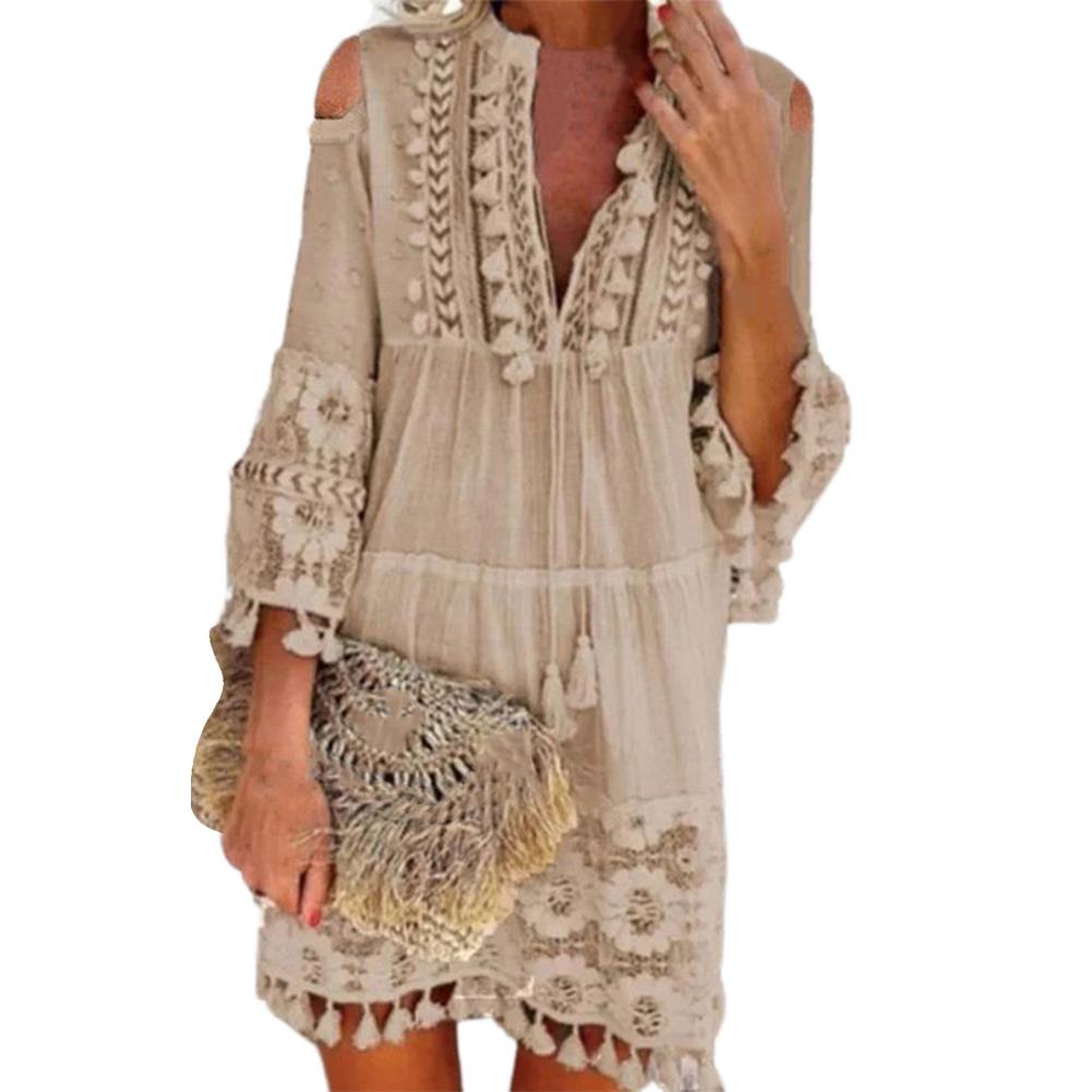 Long Sleeve Tassel Fringe Lace Deep V-Neck Shift Dress