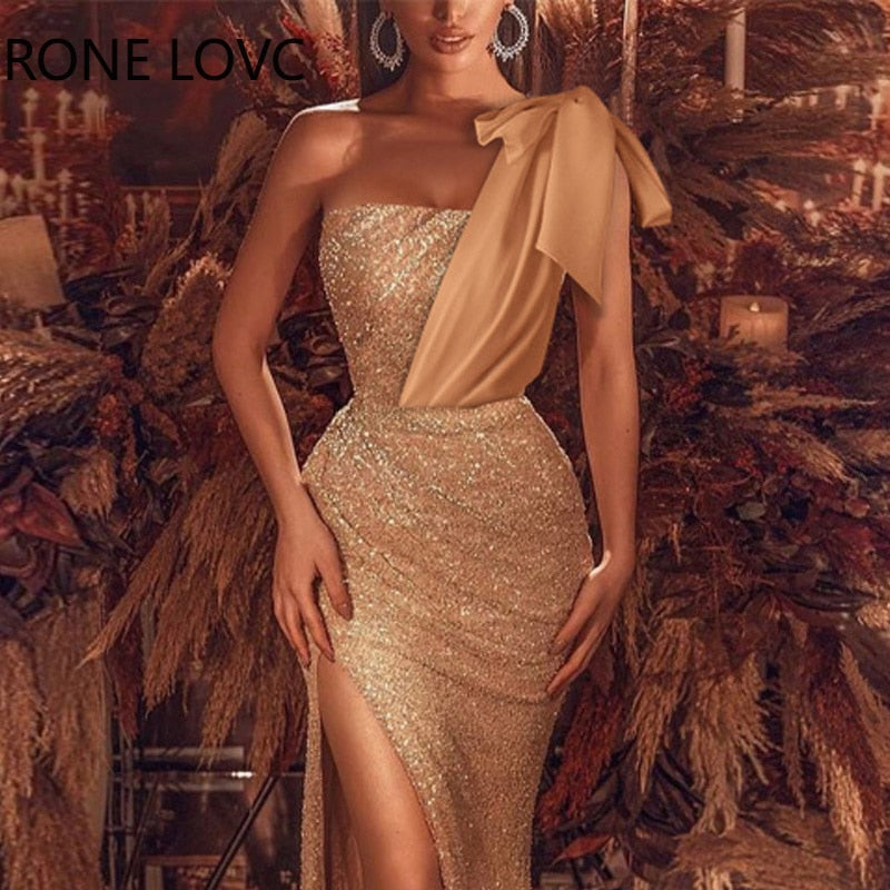 Elegant Diagonal Shoulder Hollow Out Sequins High Silt Maxi Bodycon Dress