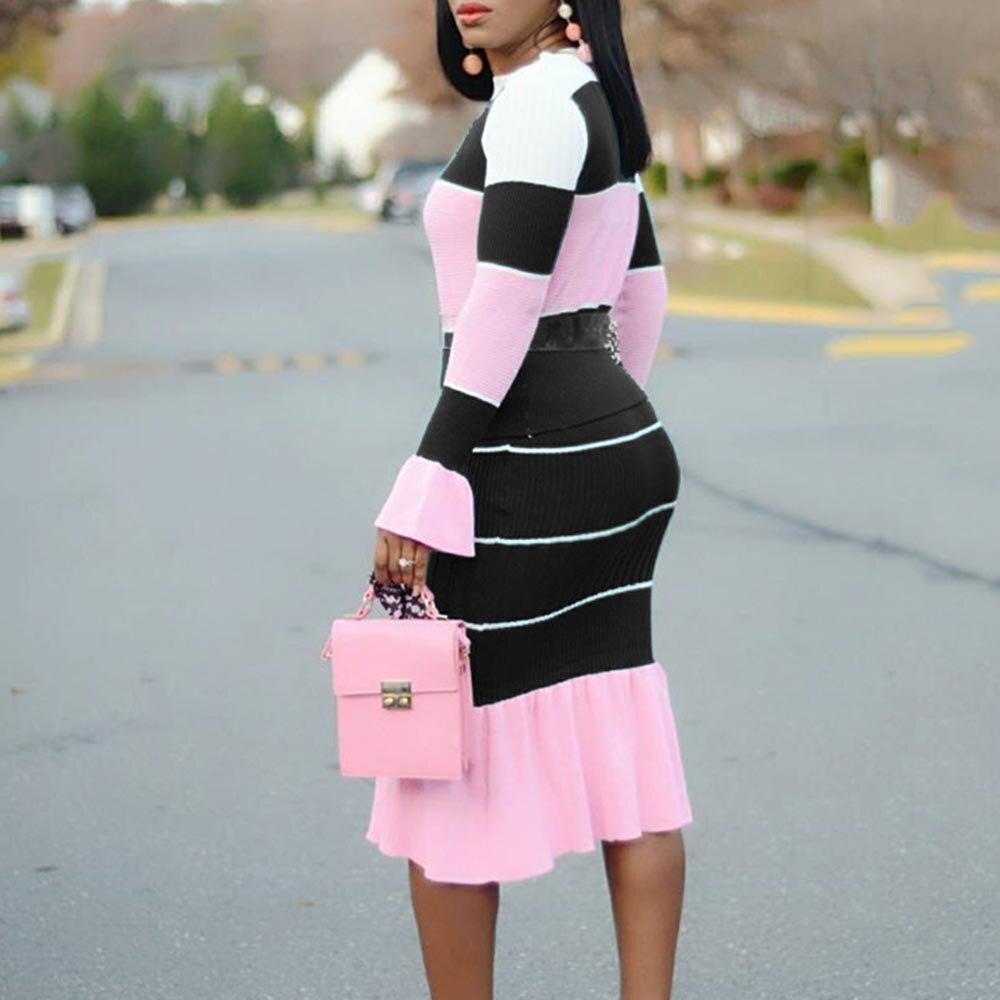 Autumn Patchwork Long Sleeve O Neck Sweater Midi Skirt And Top Set