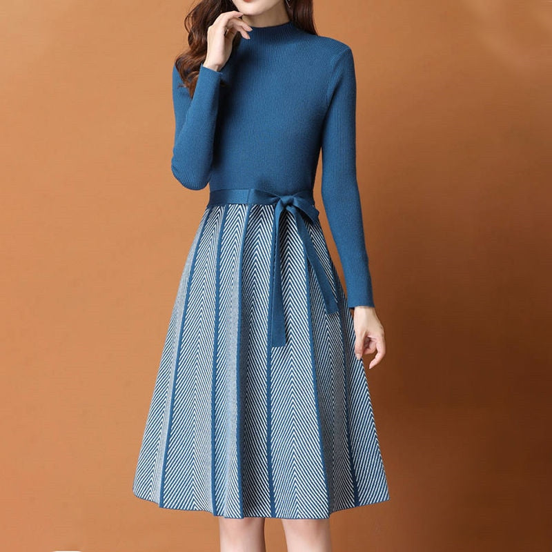 Elegant Knitted Sweater Pleated Dress