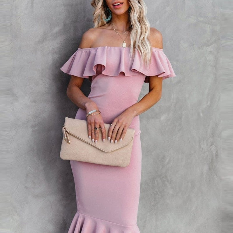 Casual Solid Color Off Shoulder Ruffle Slash Neck Dresses