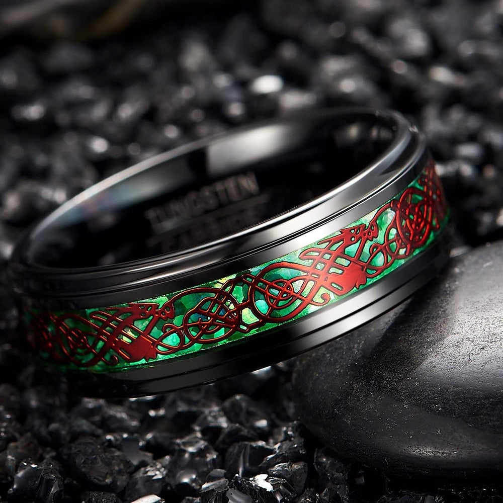 8Mm Mens Black Tungsten Carbide Red Celtic Dragon Pattern Green Carbon Fiber Rings