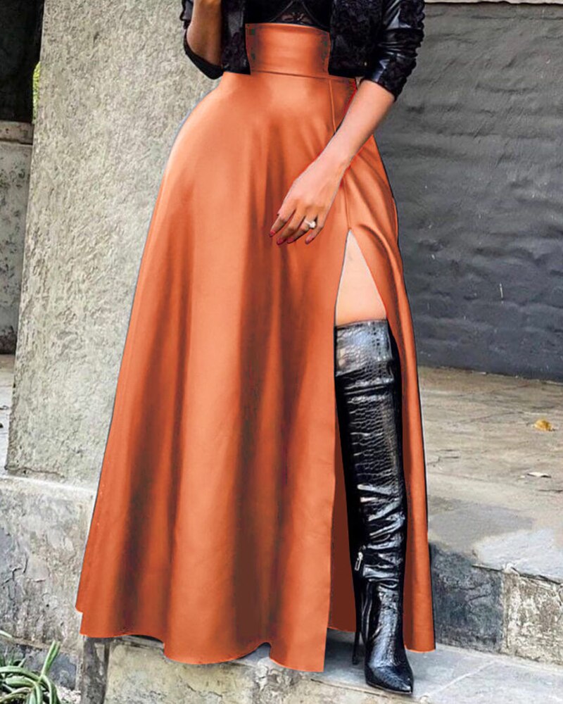 PU Leather High Slit Pocket Design Skirt