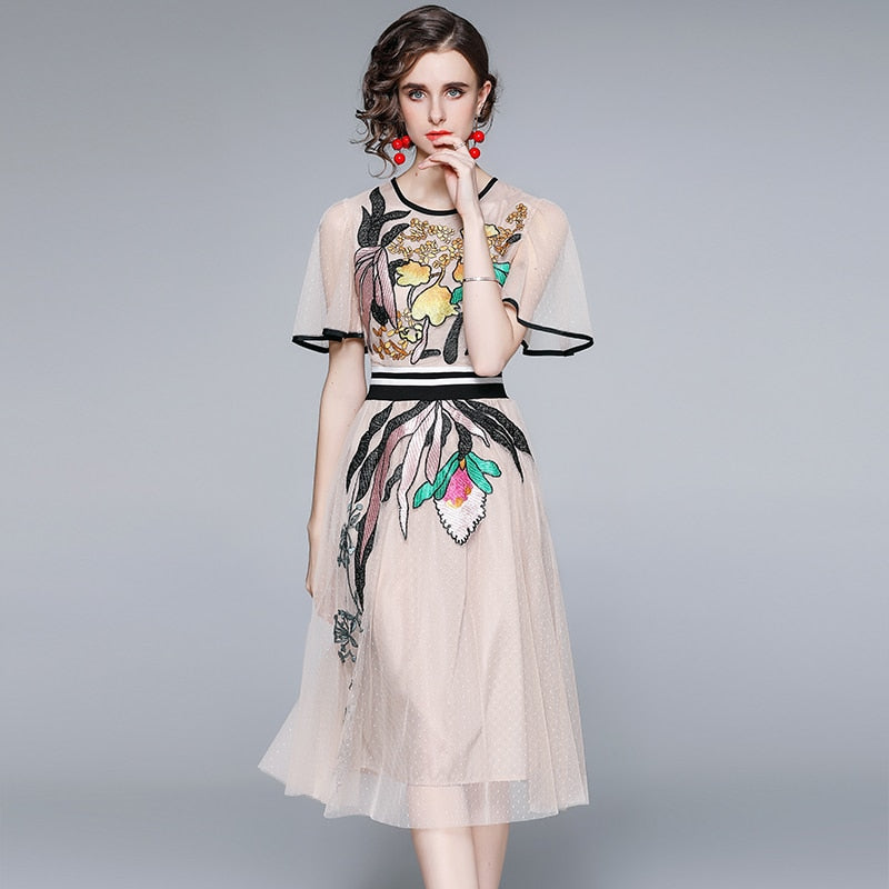 Butterfly Sleeve Flower Embroidery Slim A-Line Mesh Dresses