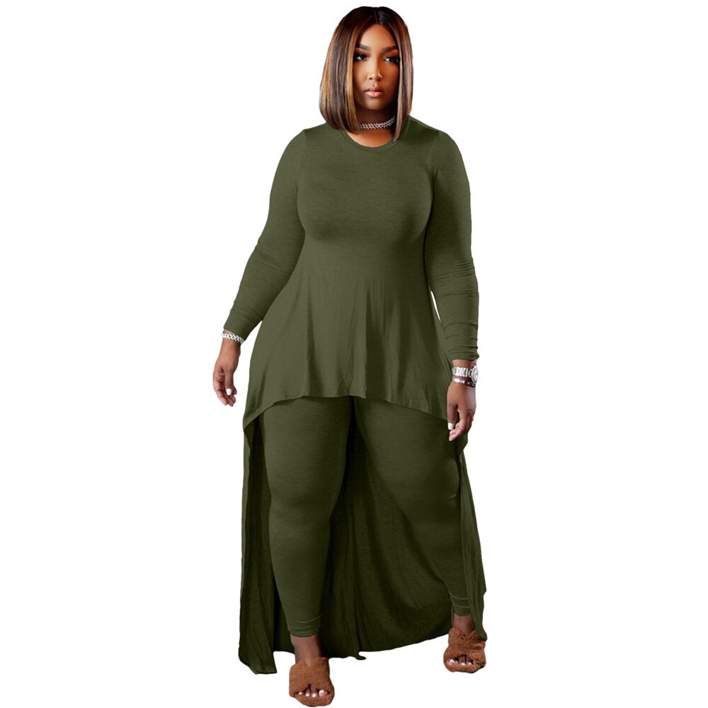 Plus Size Two Piece Sets Round Neck Long Sleeve Irregular Maxi Tops Tight Pants