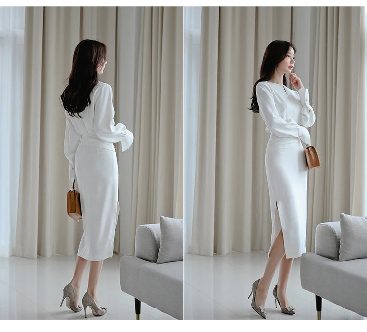 Autumn Solid White Slim Office Bodycon Pencil Dress