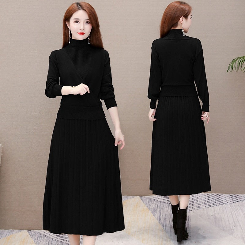 Casual Half Turtleneck Sleeveless Mid-Length Knitted Dress And Solid Pullover Sweater Suit