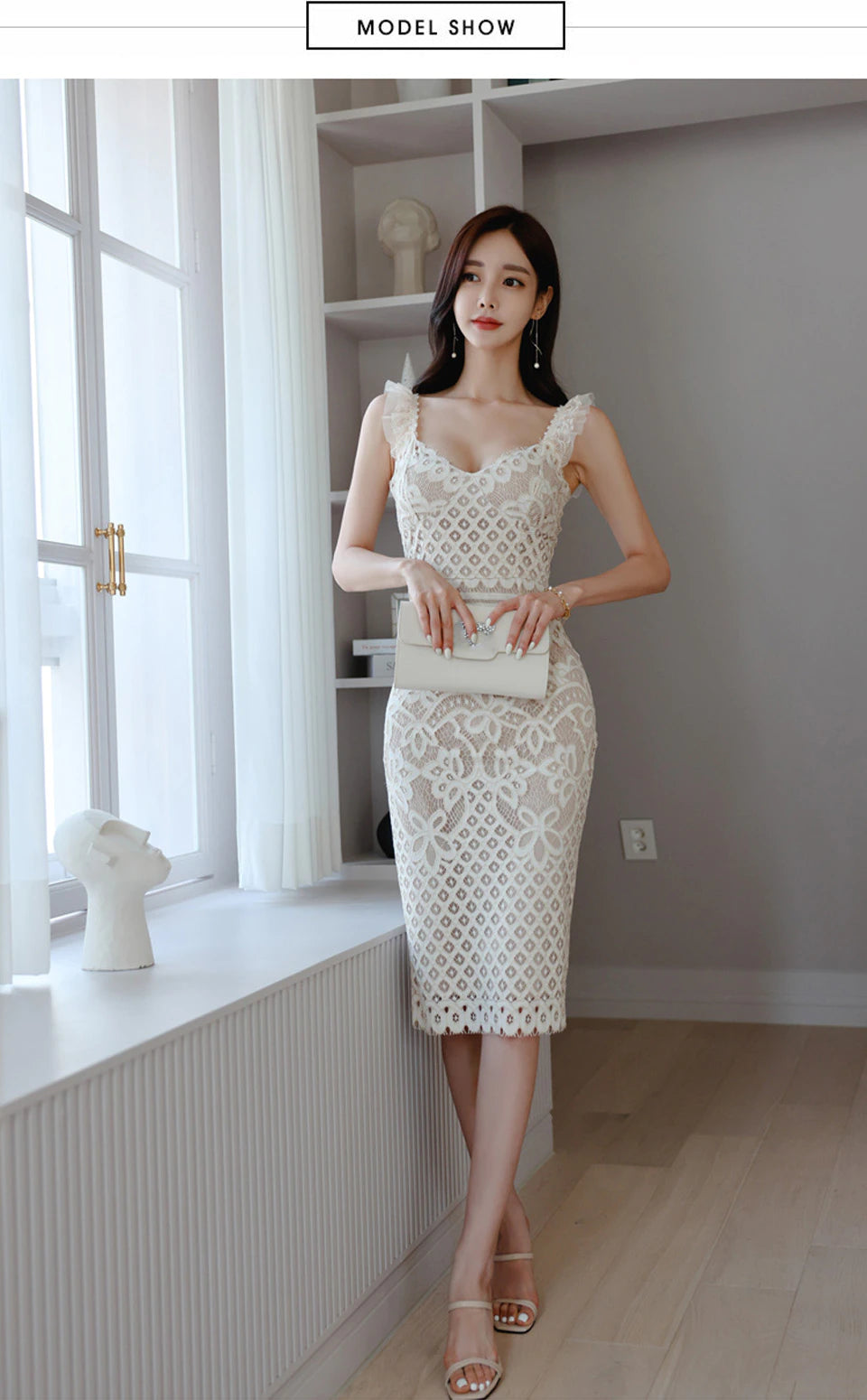 Summer High Waist Tight Sleeveless Decorated With Ruffles Sexy Club Lace Dress