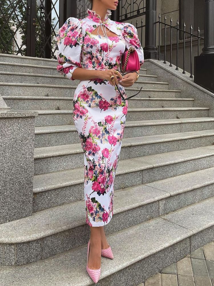 Autumn Floral Print Puff Sleeve Bodycon Dress