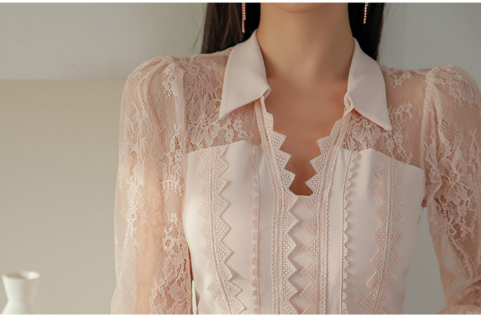 Spring Pink Shirt Collar See-Through Lace Puff Sleeves High Waist Pencil Dress