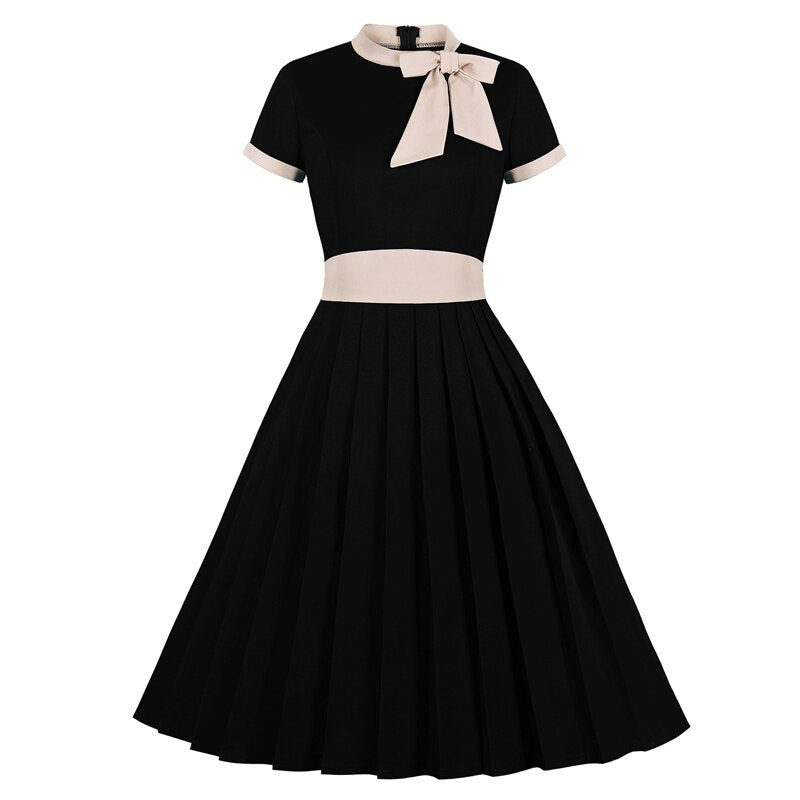 Pleated Cotton Vintage High Waist Bow Tie Neck Pocket Swing Dresses