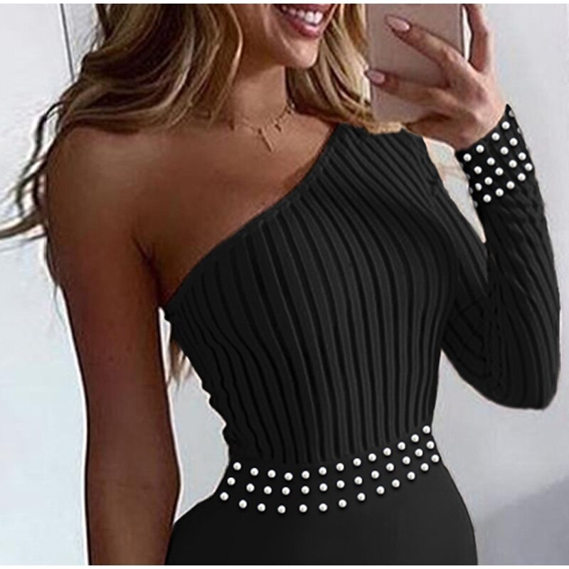 Single Shoulder Long Sleeve Beads Design Solid Color Jumpsuit