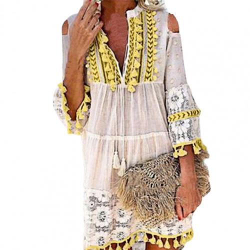 Long Sleeve Tassel Fringe Lace Deep V-Neck Shift Dress