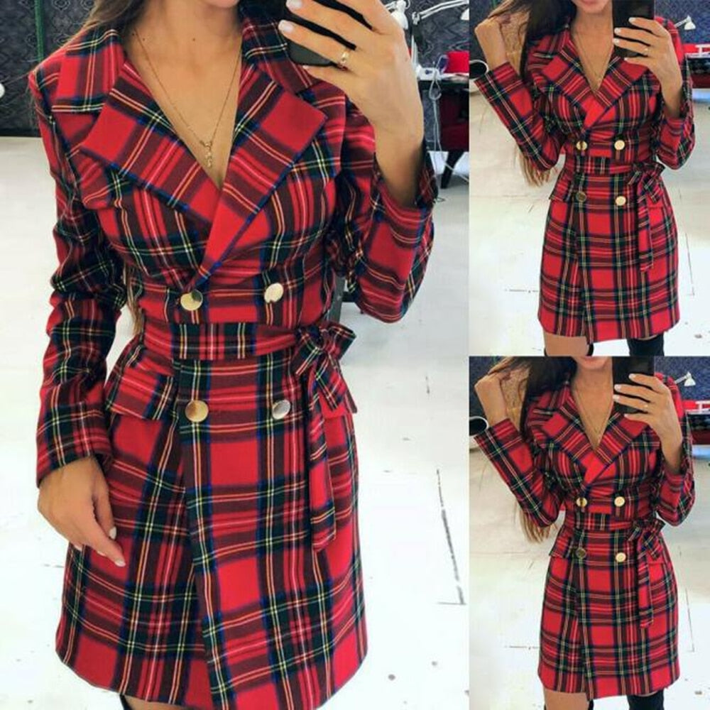 Long Sleeve Plaid Double Breasted Blazer Dress