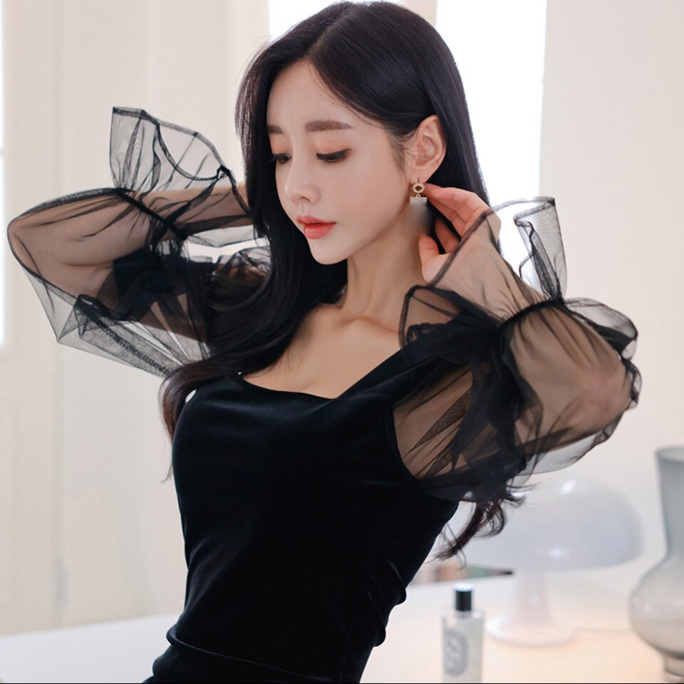 Spring Square Collar Mesh Puff Sleeve High Waist Vintage Black Velvet Dress