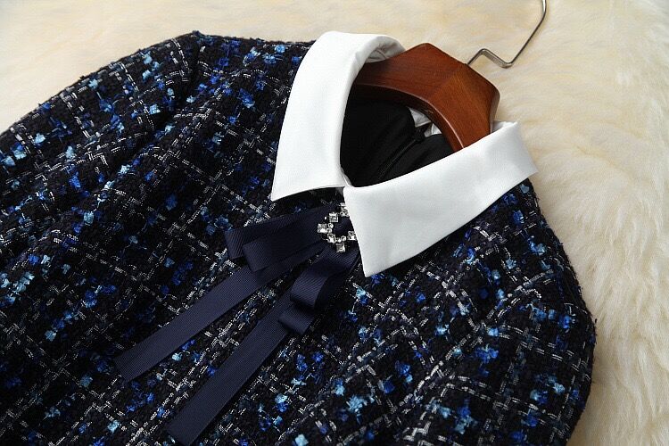 Navy Blue Plaid Bow Tie Tweed Dress