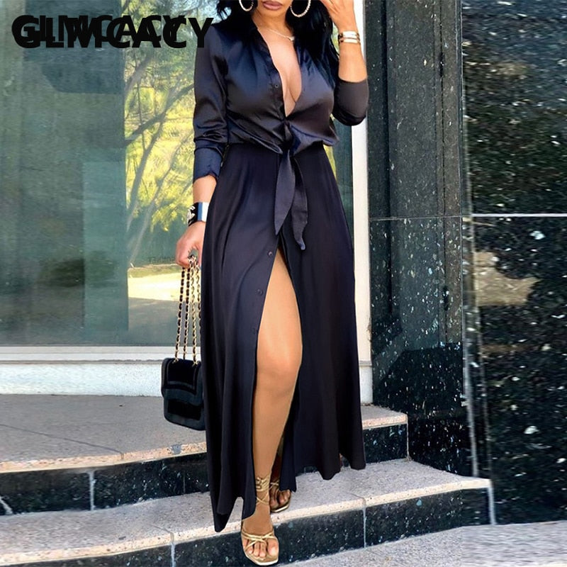 Long Sleeve V Neck Slit Satin Maxi Dress