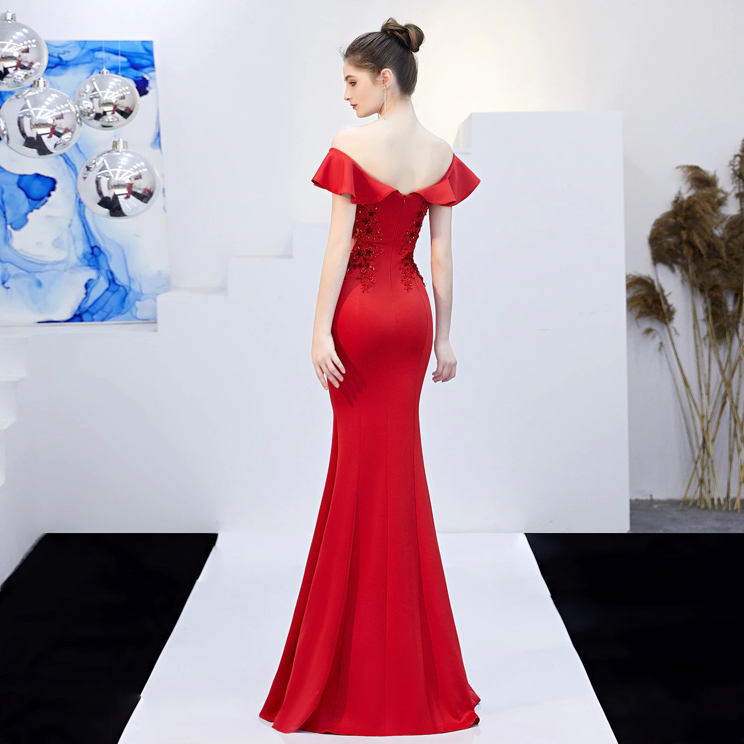 Soft Satin See Through Appliques Beading Long Evening Dress