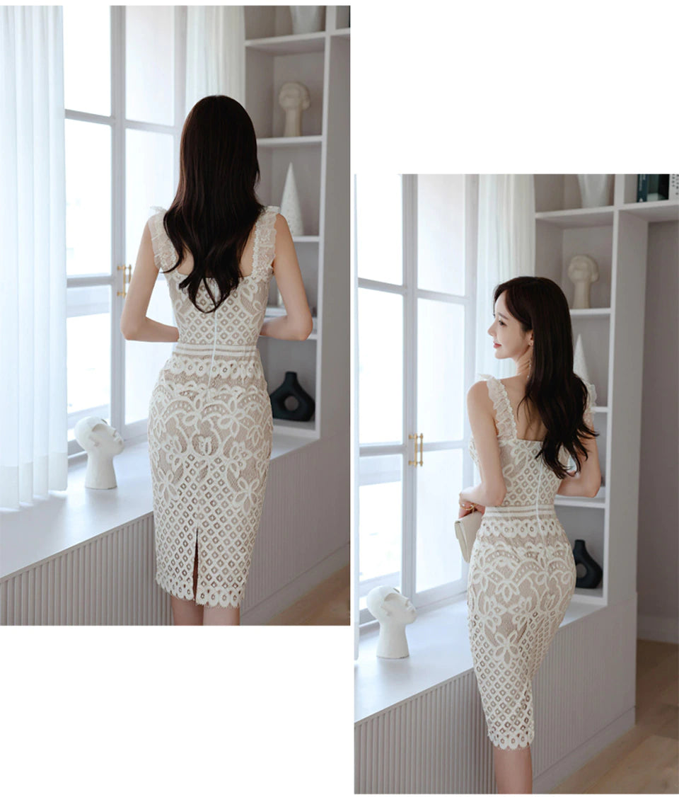 Summer High Waist Tight Sleeveless Decorated With Ruffles Sexy Club Lace Dress