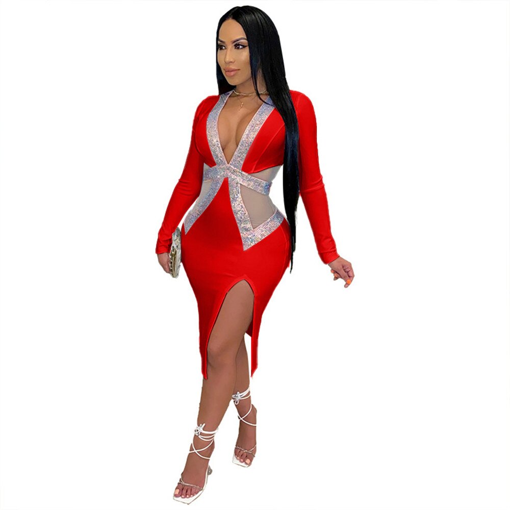 Rhinestone Mesh Patchwork Bodycon Bandage Dress