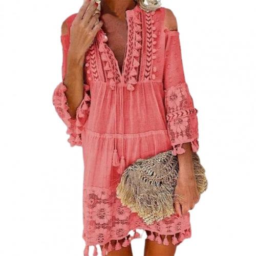 Long Sleeve Tassel Fringe Lace Deep V-Neck Shift Dress