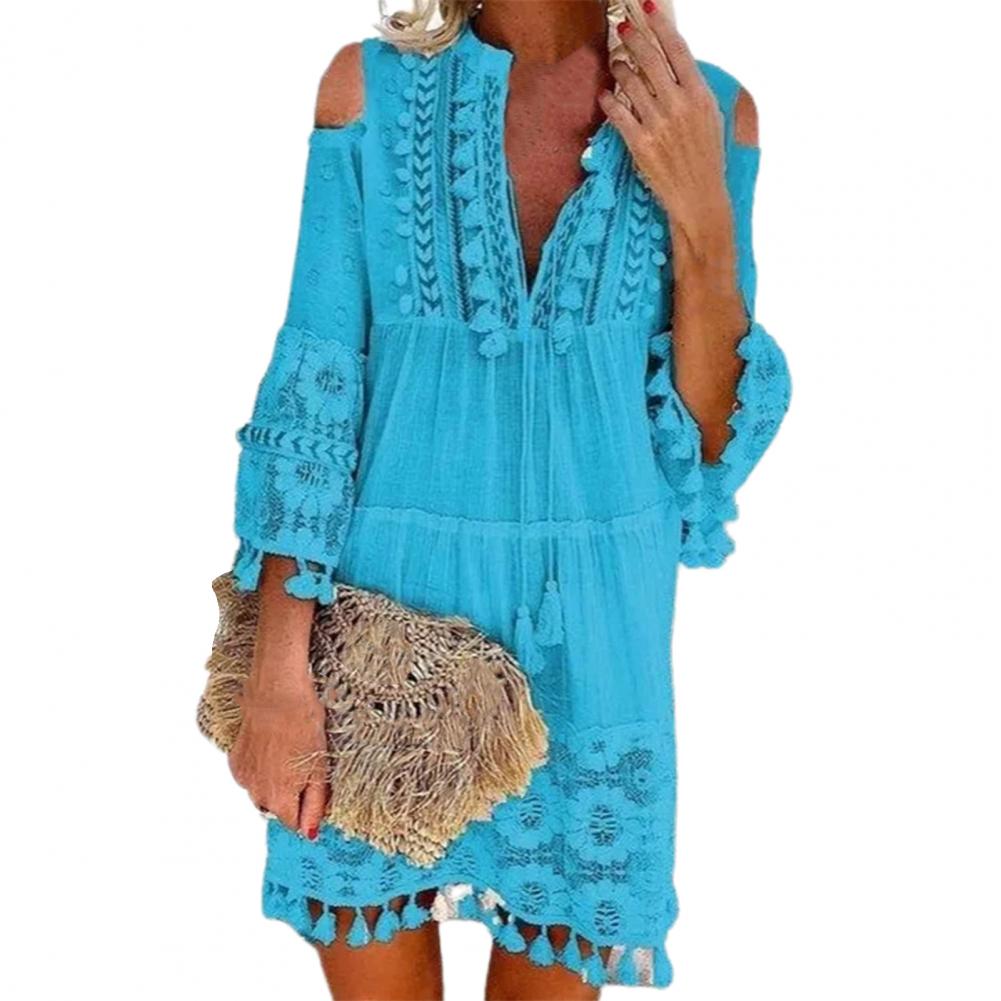 Long Sleeve Tassel Fringe Lace Deep V-Neck Shift Dress