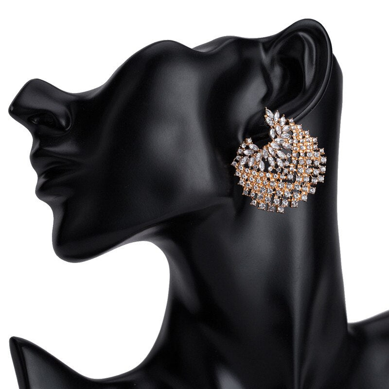 Bohemian Full Rhinestone Gold Silver Shell Stud Earring Ring for Women